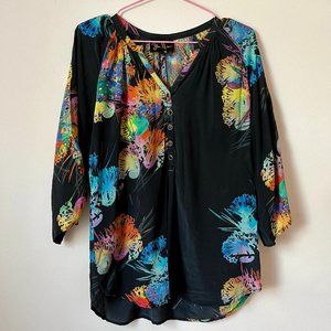 Black Colorful Floral Button Down Blouse